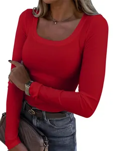 Women Elegant Ribbed Knit Slim Fit T-Shirt Square Neck Long Sleeve Top Basic Casual Solid Color Tee For Lady Fashion