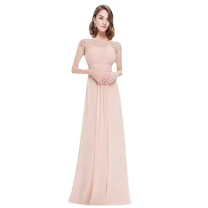 Elegant blush lace top long evening dress for bridesmaid or formal party events