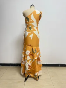 Full view of a French retro orange floral print one-shoulder maxi dress with ruffled hem