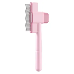 Pink self-cleaning pet grooming brush for cats with fine metal bristles for fur removal.