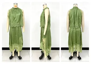Front side and back views of a green sleeveless lace two-piece set on a mannequin