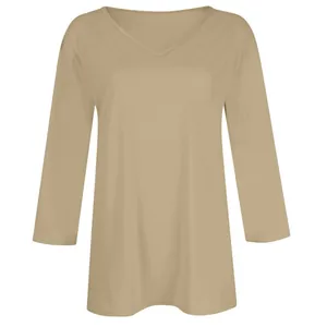 Casual women's V-neck t-shirt with three-quarter sleeves in solid khaki neutral tone