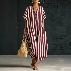 Bohemian loose V-neck vertical striped maxi dress with side pockets in burgundy and white