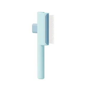 Light blue self-cleaning pet grooming brush for cats and dogs with metal deshedding pins