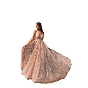 Elegante vestido largo de noche brillante con lentejuelas, escote en V y tirantes finos