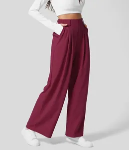 Elegante burgunderrote Hose mit hoher Taille und weitem Bein für Damen mit Fall