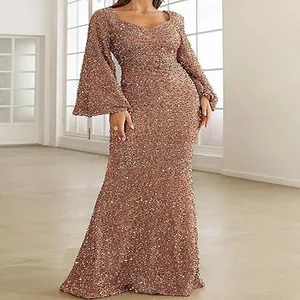 Detailed view of rose gold V-neck sequined evening gown featuring elegant bell sleeves