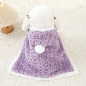Warm purple checkered hooded pet cape with white pom-pom for small dogs and cats