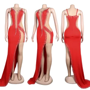 Detailed views of a sexy red evening gown featuring rhinestones and mesh panels
