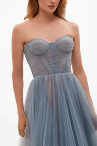 Detail view of the sheer pleated corset bodice on a dusty blue tulle gown.