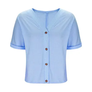 Close-up view of a light blue button-up short sleeve T-shirt for women with V-neckline