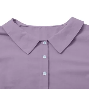 Close-up detail of lilac cotton-linen shirt collar featuring white button down front