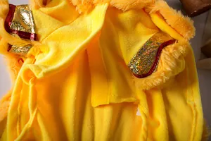 Close-up of yellow plush lion dance pet costume showing fabric texture and gold trim.