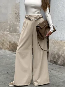 Pantaloni da Completo da Donna a Vita Alta Gamba Larga Pieghettati Larghi da Ufficio a Lunghezza Piena Cachi Grigio