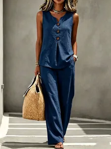 Women's sleeveless navy blue V-neck button top and wide-leg pants summer two-piece set