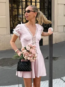 Elegant French style pink deep V-neck lace dress with puff sleeves and A-line skirt