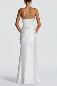 Elegant back view of white satin mermaid dress with lace-up back and draped detailing