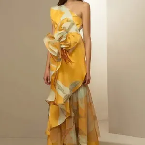 French Vintage One Shoulder Floral Print Maxi Dress For Women Elegant 3D Flower Decoration Layered Ruffle Asymmetrical Dress