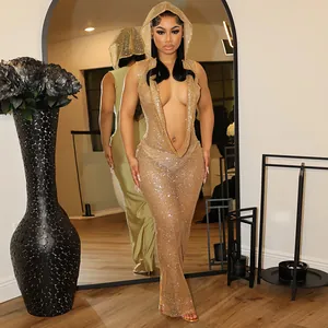 Robe longue sexy dorée à sequins, décolleté en V profond et capuche pour soirée