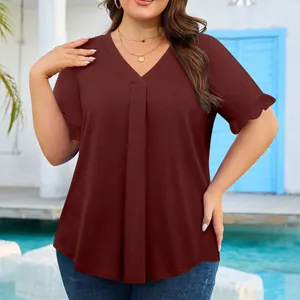 Top casual de talla grande para mujer con cuello en V y mangas con volantes granate
