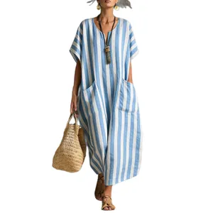Stylish bohemian loose V-neck blue and white striped midi dress for women with large pockets