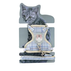 Blue plaid cartoon cotton cat harness and leash set designed for anti-escape cat walking