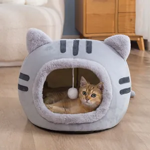Cartoon Cat Head Shaped Semi Enclosed Pet Bed Warm Plush Washable Cat House Indoor Kitten Nest With Hanging Ball Gift