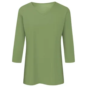 Front view detail of a women's casual olive green V-neck 3/4 sleeve solid color t-shirt top