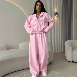 Women Casual Sportswear Set Long Sleeve Full Zip Hooded Sweatshirt And Wide Leg Pants Tracksuit Tracksuit Cotton Blend