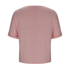 Detailed back view of a casual pink loose-fit short-sleeved t-shirt for women