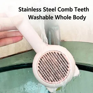 Stainless steel pet grooming slicker brush with self-cleaning washable design