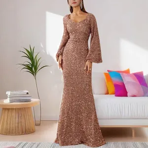 Elegant rose gold V-neck sequined evening gown with stylish bell sleeves for women.