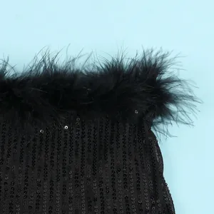 Close-up detail of shimmering black sequins and fluffy feather trim on a sexy cocktail dress