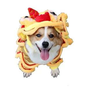 Adorable festive yellow Chinese lion dance dog costume for Corgis and small medium pets