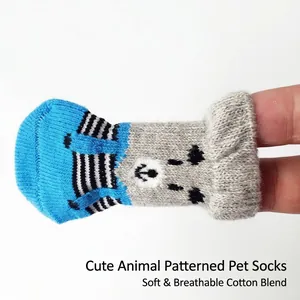 Non-slip knitted pet socks with cartoon bear design for dogs and cats in blue and grey
