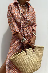 Stylish boho orange geometric print shirt dress with half sleeves and waist tie