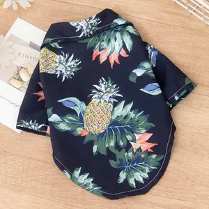 Summer Hawaiian pet shirt for small dogs with vibrant pineapple and leaf print in navy blue