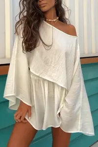 Casual two-piece white summer set featuring an off-shoulder loose top and matching shorts