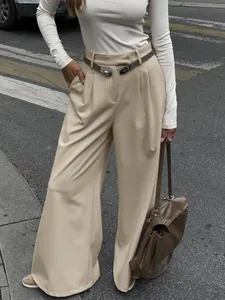 Eleganti pantaloni kaki a gamba larga con vita alta e design a pieghe per l'ufficio