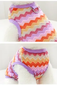 Detail der bunt gestrickten Hundeweste mit Zickzackmuster und D-Ring-Haken