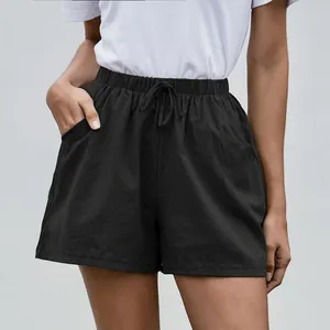 Pantalones cortos de lino negro para mujer con corte en A y cintura alta con cordón