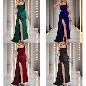 Women's One-Shoulder Sequin Fishtail Evening Dress Luxury Slit Banquet Hosting Maxi Gown Elegant Polyester Slim Party Dress