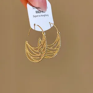 Dettaglio di eleganti orecchini a cerchio vintage in oro con trama traforata a strati