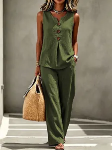 Casual summer two-piece set featuring V-neck sleeveless button top and wide-leg trousers in olive green