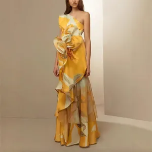 French retro floral one-shoulder maxi dress with an elegant 3D flower waist detail