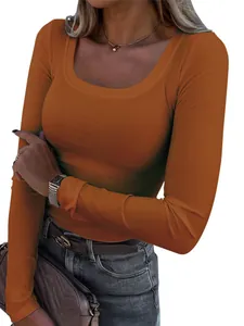Elegant burnt orange slim fit ribbed long-sleeved square neck T-shirt for women fashion