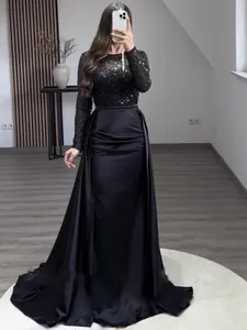 Elegant French style black sequined satin evening gown with fishtail design for events