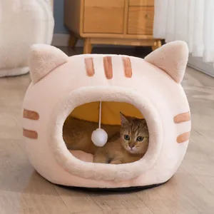 Cozy semi-enclosed cat bed in cute cat head shape made of warm plush material for winter