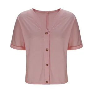 Close-up view of a pink V-neck short-sleeved button-up casual top for women