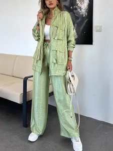 Set Due Pezzi Metallico da Donna Moda Giacca Cargo a Maniche Lunghe e Pantaloni a Gamba Dritta Tinta Unita Effetto Satinato